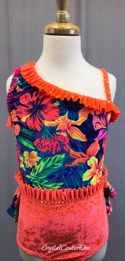 Multicolor and Neon Orange Hawaiian Style Bathing Suit Costume with Rhinestones
