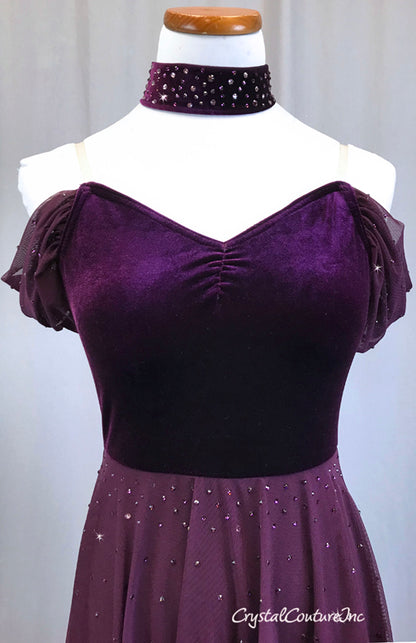 Deep Purple Velvet and Mesh Lyrical Dress with Rhinestones and Off-Shoulder Sleeves