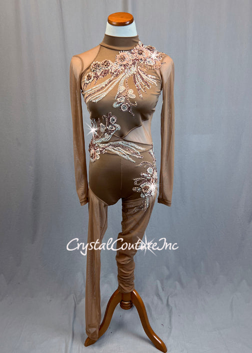 Bronze Mesh and Lycra Long Sleeve High Neck Unitard with Appliques and Rhinestones