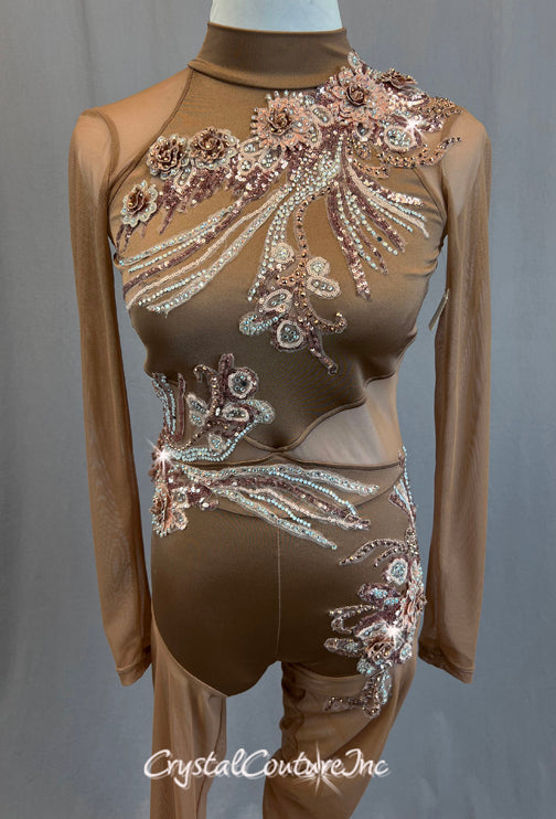 Bronze Long Sleeve Unitard - Appliques & Rhinestones