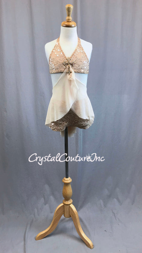 Nude Two Piece Connected Top and Short with Cross and Rhinestones
