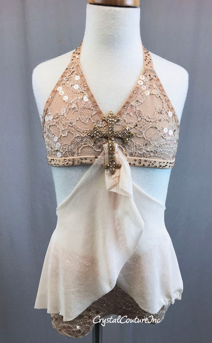 Nude Two Piece Connected Top and Short with Cross and Rhinestones