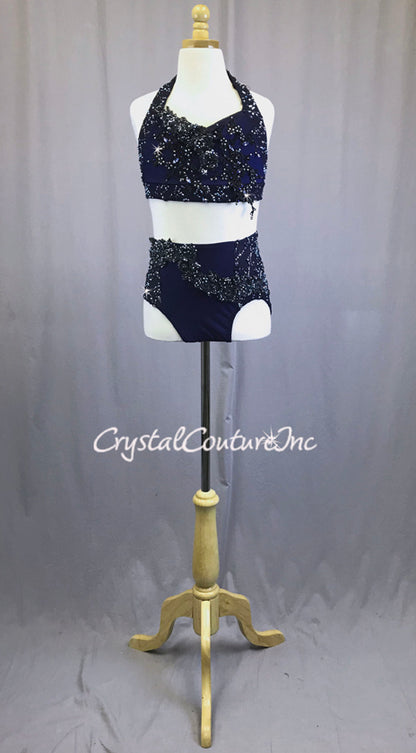 Navy Blue Two Piece Halter and Trunk with Appliques and Rhinestones