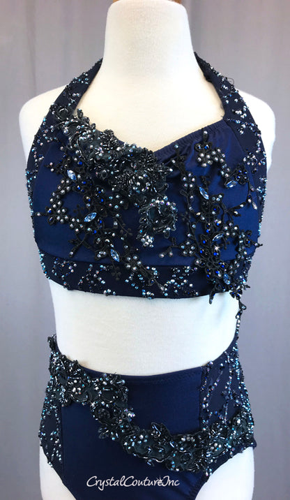 Navy Blue Two Piece Halter and Trunk with Appliques and Rhinestones –  Crystal Couture