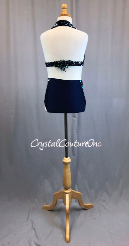 Navy Blue Two Piece Halter and Trunk with Appliques and Rhinestones