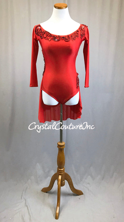 Custom Red Shimmer Lycra Long Sleeve Leo with Attached Half Skirt - Appliques and Rhinestones - Size AS