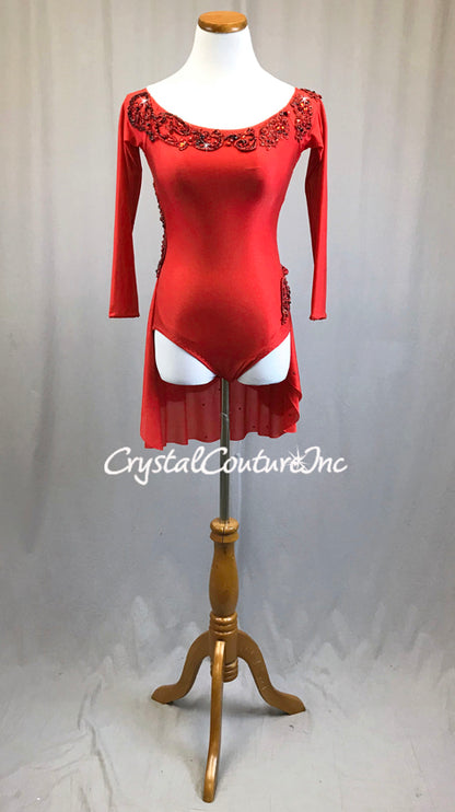 Custom Red Shimmer Lycra Long Sleeve Leotard with Attached Half Skirt - Appliques & Rhinestones