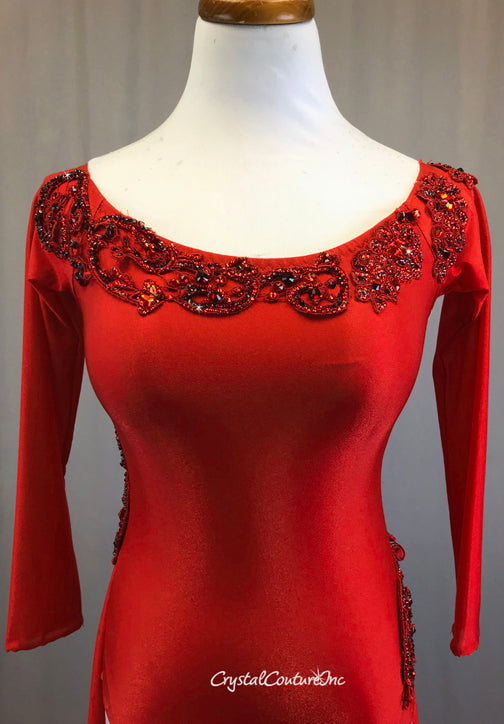 Custom Red Shimmer Lycra Long Sleeve Leotard with Attached Half Skirt - Appliques & Rhinestones