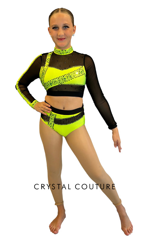 Neon Green & Black Two Piece- Rhinestones