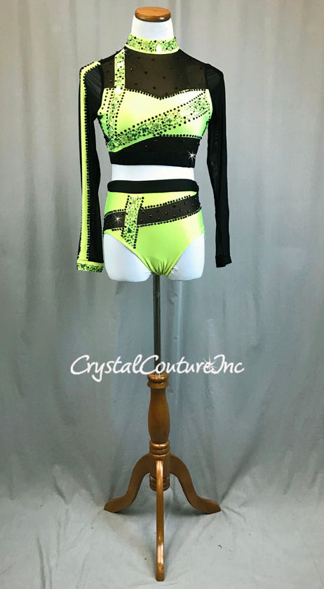 Neon Green & Black Two Piece- Rhinestones