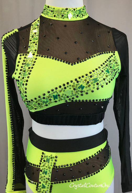 Neon Green & Black Two Piece- Rhinestones