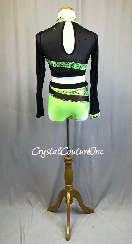 Neon Green & Black Two Piece- Rhinestones