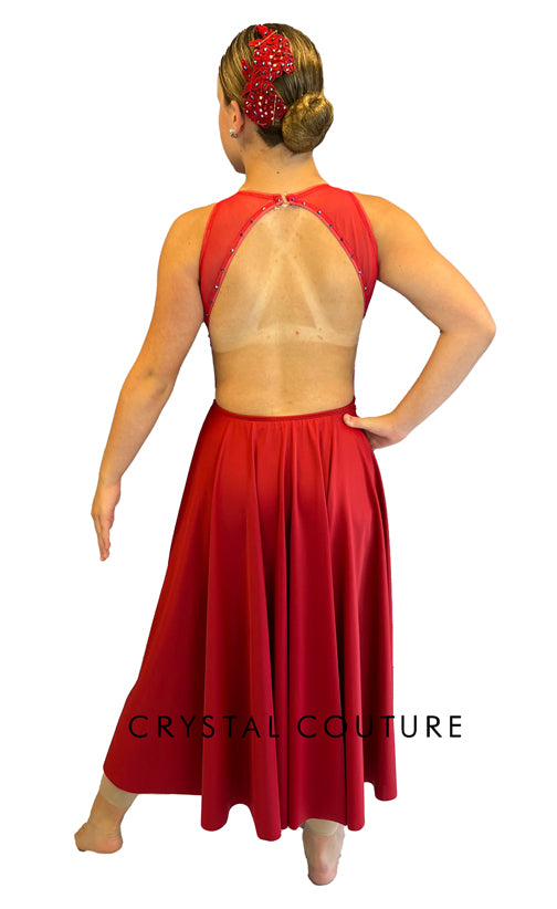 Red Rhinestoned Lycra and Mesh Leo with Half Skirt and Appliques