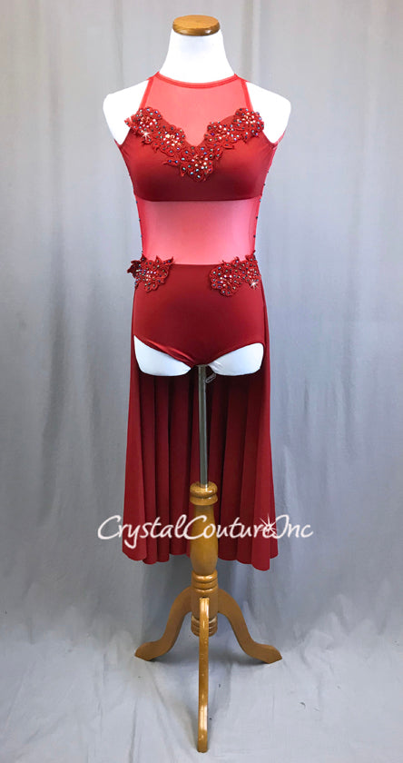 Red Rhinestoned Lycra and Mesh Leo with Half Skirt and Appliques
