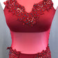 Red Rhinestoned Lycra and Mesh Leo with Half Skirt and Appliques