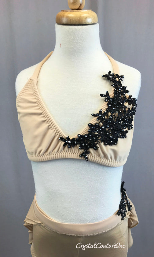 Nude Two Piece Halter with Short Layered Half Skirt and Black Appliques and Rhinestones