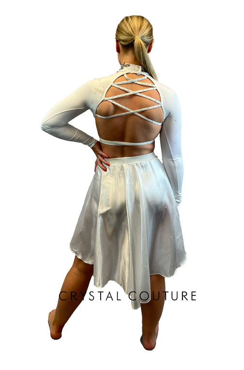 White Two Piece High Neck Long Sleeve Top with High Low Half Skirt - Appliques and Rhinestones