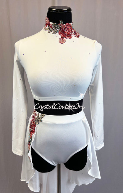 White Two Piece High Neck Long Sleeve Top with High Low Half Skirt - Appliques and Rhinestones