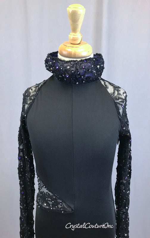 Black and Purple Short Unitard with Long Lace Sleeves and Puffed Collar - Rhinestones