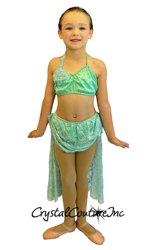 Mint Green Two Piece Halter Top with Lace High Low Skirt and Rhinestones