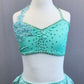 Mint Green Two Piece Halter Top with Lace High Low Skirt and Rhinestones