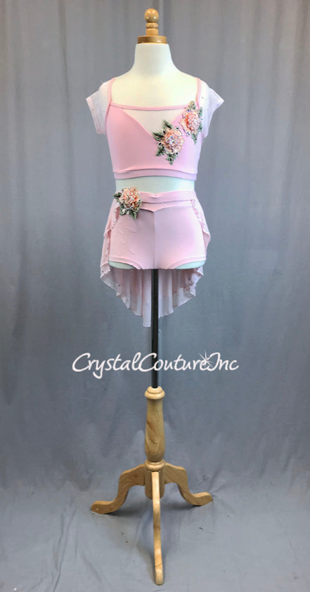 Pastel Pink Two Piece with Mesh Cap Sleeves and High Low Skirt - Rhinestones and Floral Appliques