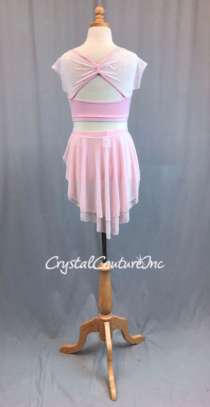 Pastel Pink Two Piece with Mesh Cap Sleeves and High Low Skirt - Rhinestones and Floral Appliques