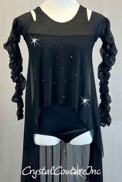 Black Sheer Mesh Dress with Long Ruched Sleeves and Rhinestones