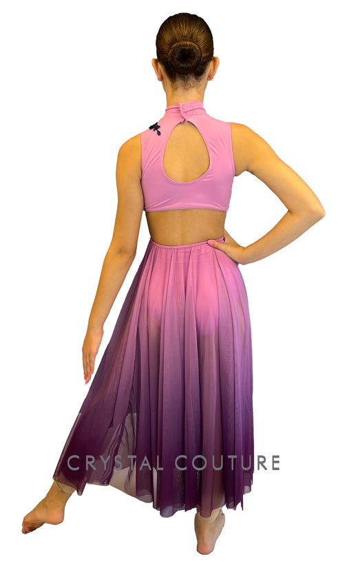 Pink Mock Neck Leotard with Attached Long Ombre Skirt and Appliques
