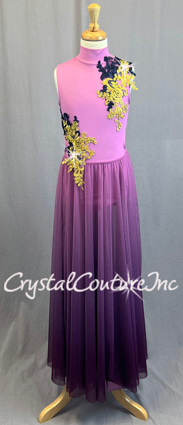 Pink Mock Neck Leotard with Attached Long Ombre Skirt and Appliques