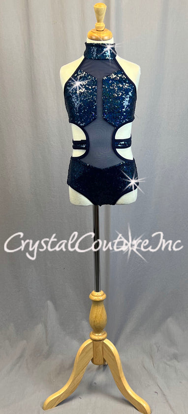 Navy Blue Sequined Leotard with Mesh Inserts and Side Cutouts