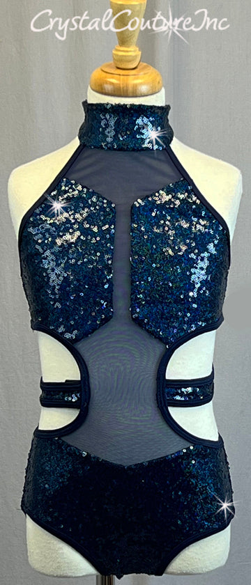 Navy Blue Sequined Leotard with Mesh Inserts and Side Cutouts