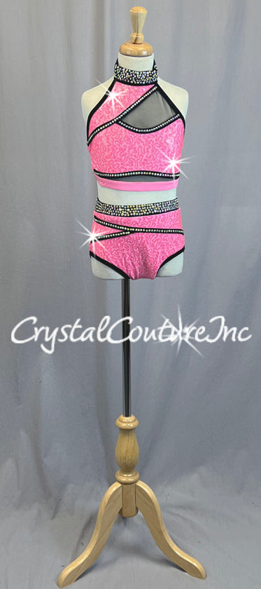 Bright Pink High Neck Halter Bra Top with Black Detailing Trunks - Rhinestones