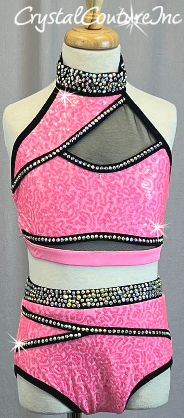 Bright Pink High Neck Halter Bra Top with Black Detailing Trunks - Rhinestones