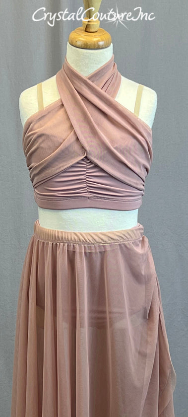 Dusty Rose Two Piece Halter Top with Long Mesh Skirt