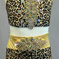 Two Piece Leopard Print Bra Top and Trunks with Gold Accents - Rhinestones and Appliques