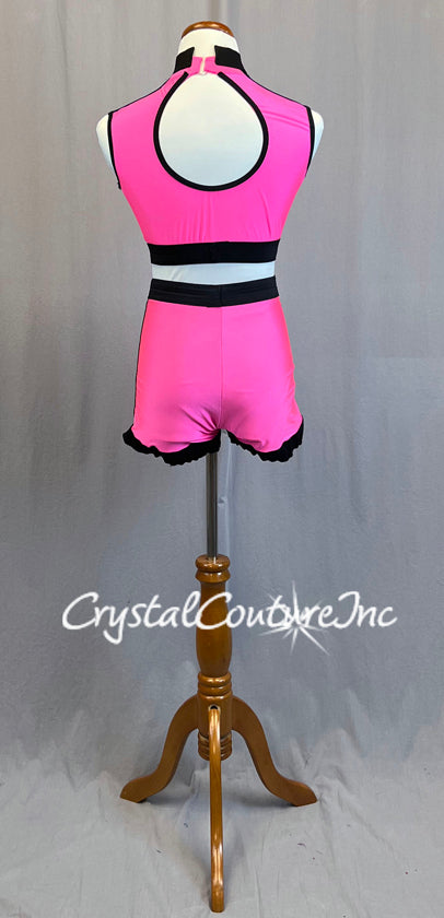 Neon Pink Mock Neck Crop and Shorts with Black Banding