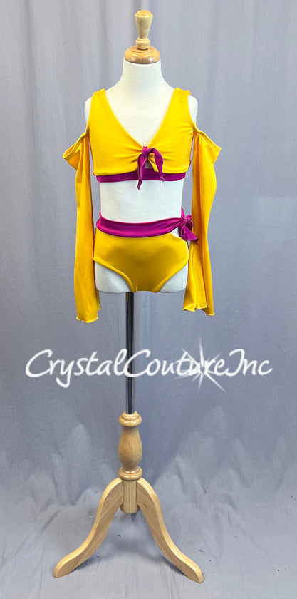 Yellow and Pink Cold Shoulder Top with Bell Sleeves and Trunks