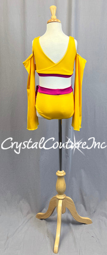 Yellow and Pink Cold Shoulder Top with Bell Sleeves and Trunks