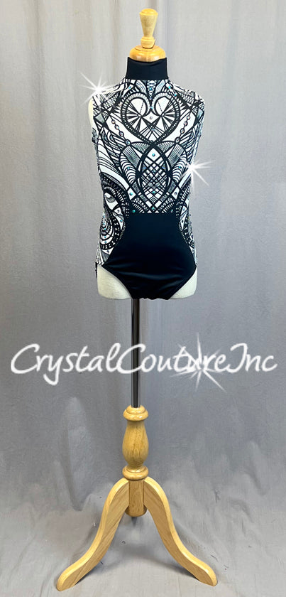 Black and White Patterned Mock Neck Leo with Strappy Back - Rhinestones