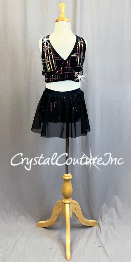 Black Wrap Front Two Piece with Mesh Half Skirt