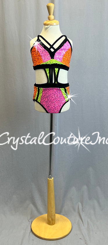 Neon Multi-Color Connected Two Piece with Black Trim and Sequins