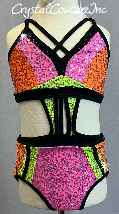 Neon Multi-Color Connected Two Piece with Black Trim and Sequins