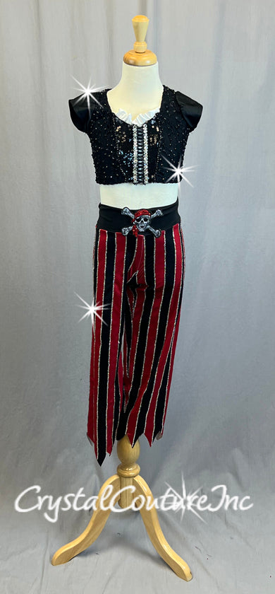 Pirate Themed Black Cap Sleeve Top with Black and Red Striped Pants - Rhinestones