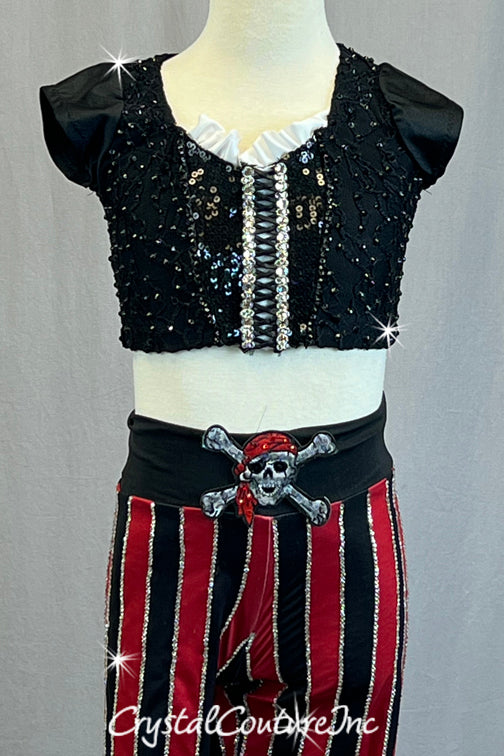 Pirate Themed Black Cap Sleeve Top with Black and Red Striped Pants - Rhinestones