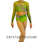 Marble Green Lycra Top and Trunks with Long Mesh Sleeves - Rhinestones and Appliques
