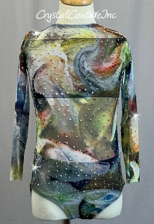 Swirled Multi Colored Leotard with Mesh Midriff and Long Sleeves - Rhinestones