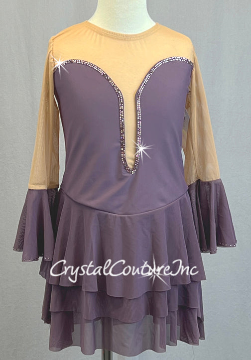 Dark Mauve Leotard with Tiered Skirt and Flutter Sleeves - Rhinestones