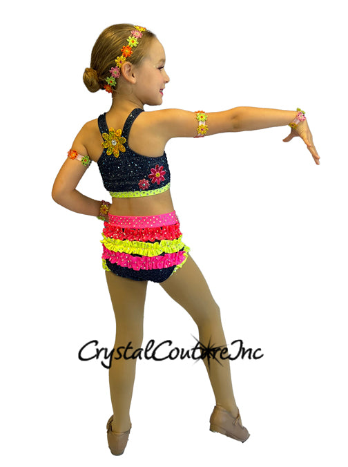 Denim Two Piece with Neon Ruffles and Patches - Rhinestones