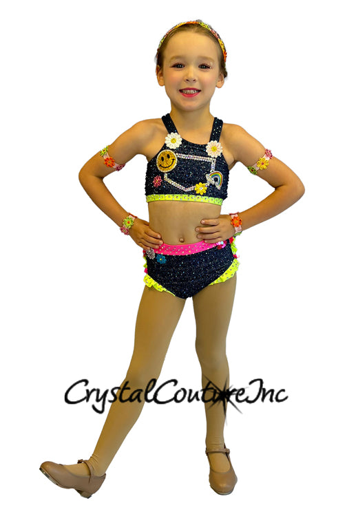 Denim Two Piece with Neon Ruffles and Patches - Rhinestones